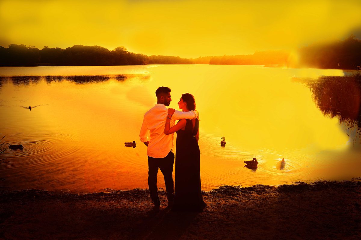 Engaged couple at a scenic pre-wedding shoot location near London